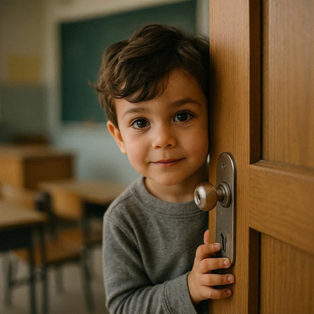 Portrait of a cute little boy standing in front of a school door