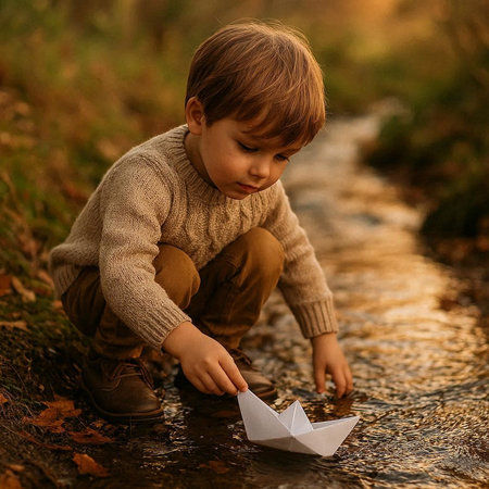 Cute little boy playing with paper boat in the autumn forest.の写真素材