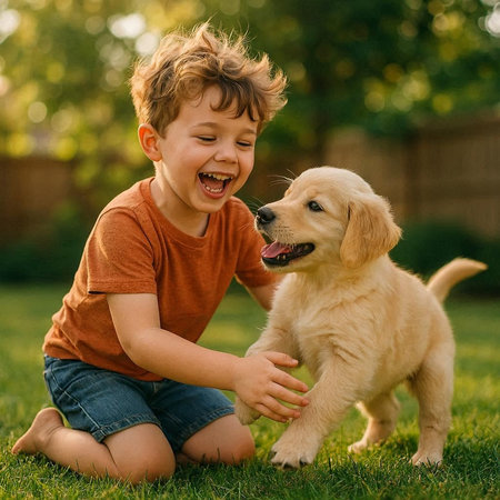 Cute little boy playing with golden retriever puppy on the grassの写真素材