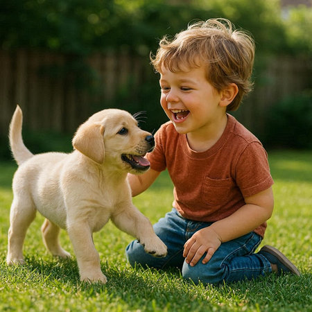 Cute little boy playing with a labrador puppy in the gardenの写真素材
