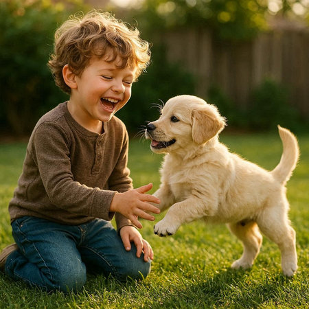 Little boy playing with a golden retriever puppy in the garden.の写真素材