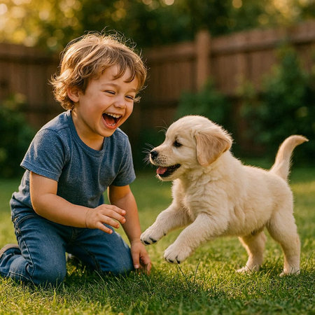 Cute little boy playing with golden retriever puppy in backyard.の写真素材
