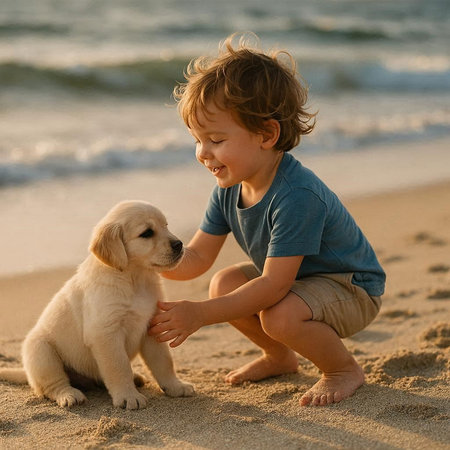 Cute little boy playing with a golden retriever puppy on the beachの写真素材