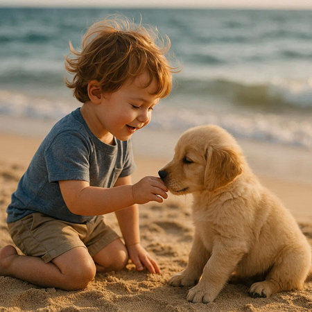 Cute baby boy playing with golden retriever puppy on the beachの写真素材