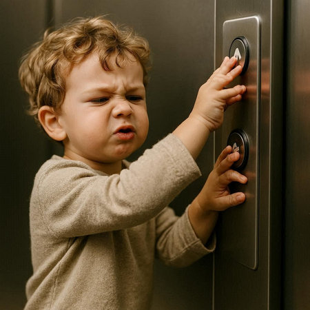 Cute little boy trying to open the door of an elevator.の写真素材