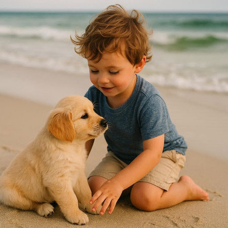 Cute boy playing with golden retriever puppy on the beach.