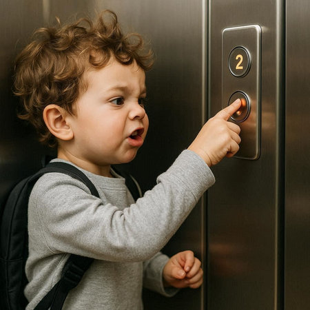 Toddler boy with a school backpack presses the button on the elevatorの写真素材