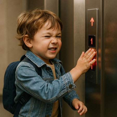 Cute baby boy in jeans jacket and backpack using elevator at home.