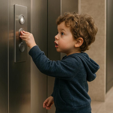 Toddler boy pressing elevator button. Cute little boy pressing elevator button and looking at it.の写真素材