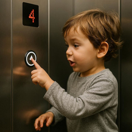 Cute little boy presses the button on the elevator. The concept of children's security.の写真素材