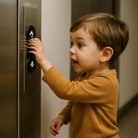Cute little boy standing in front of elevator and opening door.の写真素材