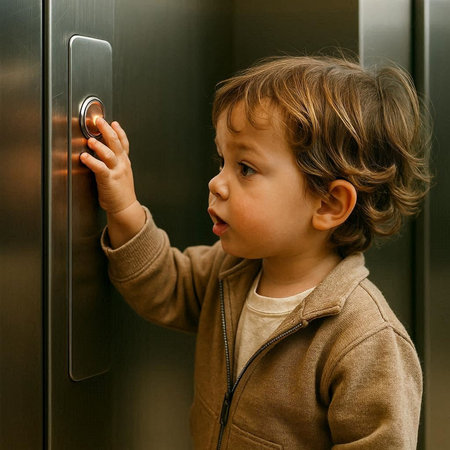 Toddler boy standing in front of elevator door, looking at cameraの写真素材