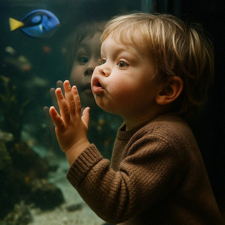 Little boy looking at fish in aquarium. Portrait of a childの写真素材