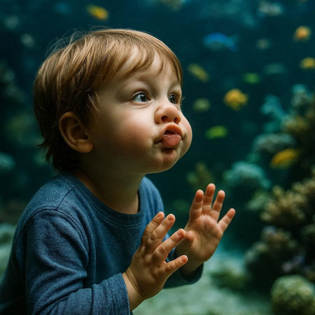 Cute little boy looking at fishes in aquarium. Portrait.