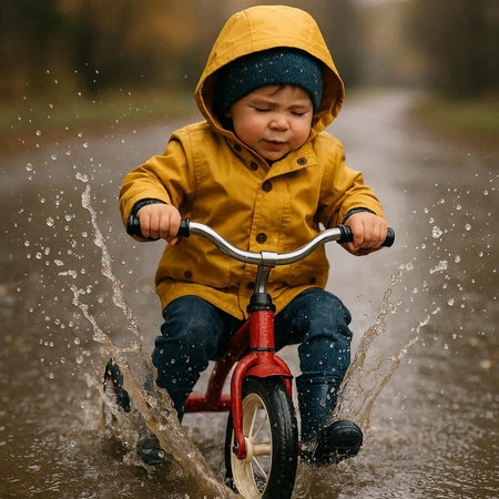 Cute little boy riding a bike through a puddle in autumn.