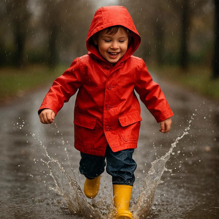 Cute little boy in raincoat and rubber boots jumping in puddle on rainy dayの写真素材