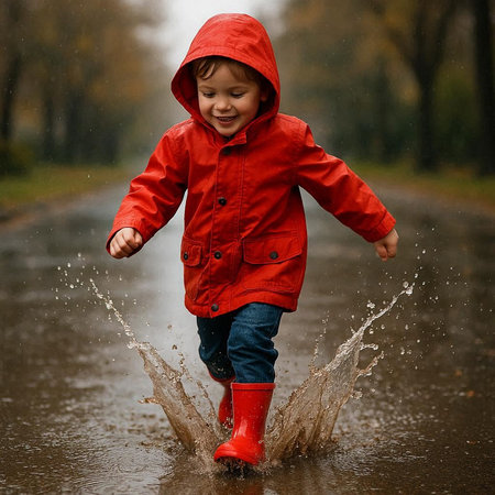 Cute little boy in raincoat and red rubber boots playing in puddleの写真素材