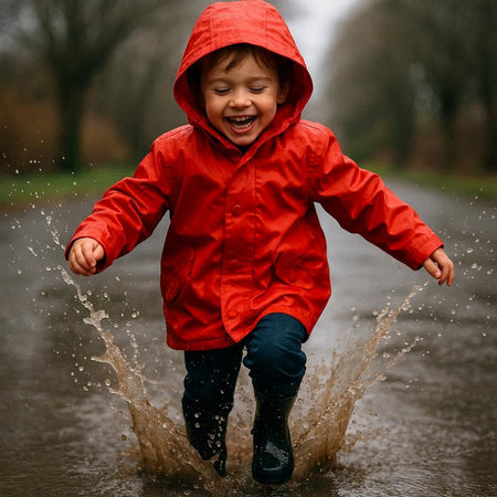 Little boy in red raincoat jumping in puddles of water.の写真素材