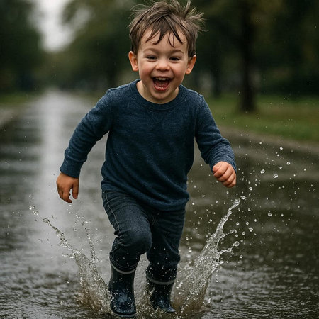 Cute little boy having fun in the rain. Happy child playing in the rain.の写真素材