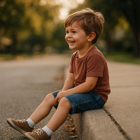 Cute little boy sitting on the road in the park at sunsetの写真素材