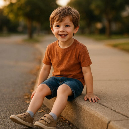Portrait of a cute little boy sitting on the sidewalk at sunsetの写真素材