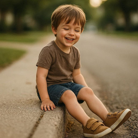 Portrait of a smiling little boy sitting on the road in the parkの写真素材
