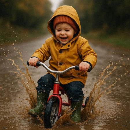 Little boy riding a bike through puddles in the rain.の写真素材