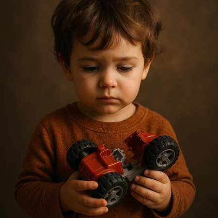 Cute little boy playing with toy cars on dark brown background.の写真素材