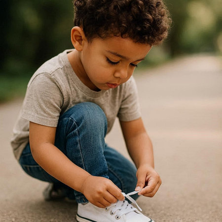 Little boy tying shoelaces on sneakers. Cute little boy tying shoelaces outdoors.の写真素材