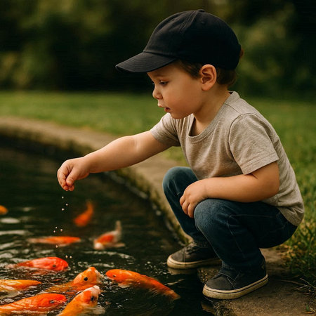 Cute little boy playing with goldfish in the pond. Child having fun with pets.の写真素材