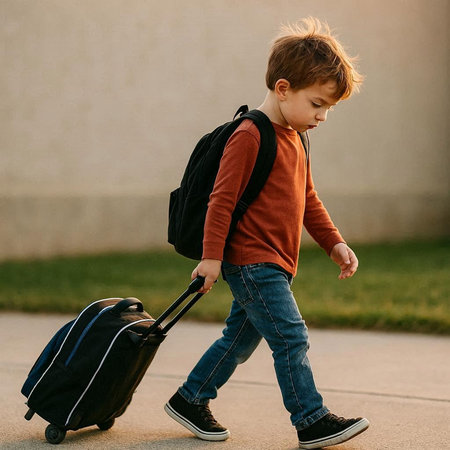 A little boy with a suitcase goes to school. Back to school.の写真素材