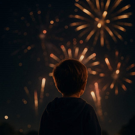 Child watching fireworks in the night sky. Back view of boy looking at fireworks
