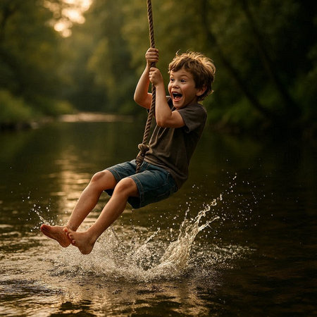 Cute little boy having fun on a swing in the river at sunsetの写真素材