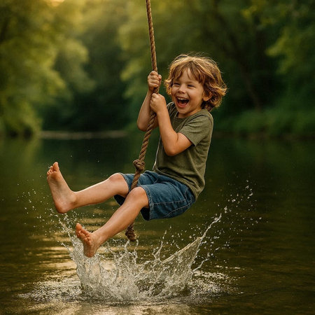 Cute little boy having fun on a swing in the river.の写真素材