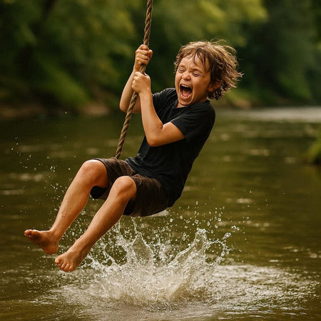 Boy having fun on a swing in the river. Outdoor lifestyle portrait.の写真素材