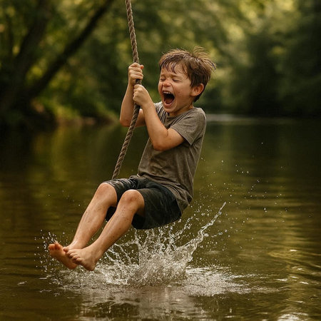 boy playing on a swing on the river in summer, happy childhoodの写真素材