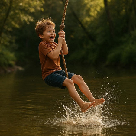 Little boy having fun on a swing in the river. Happy childhood.の写真素材