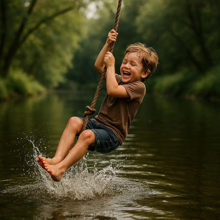 Cute little boy having fun on a swing in the river.の写真素材