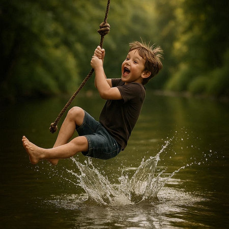 Cute little boy having fun on a swing in a river. Happy childhood.の写真素材