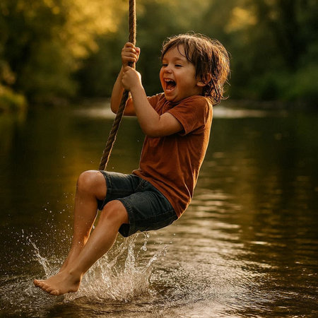 Cute little boy having fun on a swing in the river.の写真素材