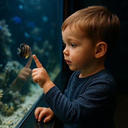 Little boy looking at fish in aquarium. Child and animal concept.の写真素材