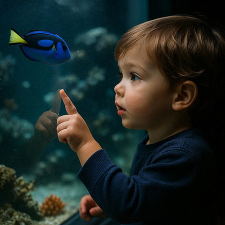 Cute little boy looking at fish in aquarium. Child exploring marine life.の写真素材