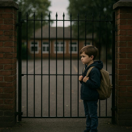 Cute little schoolboy standing in front of a school gate.