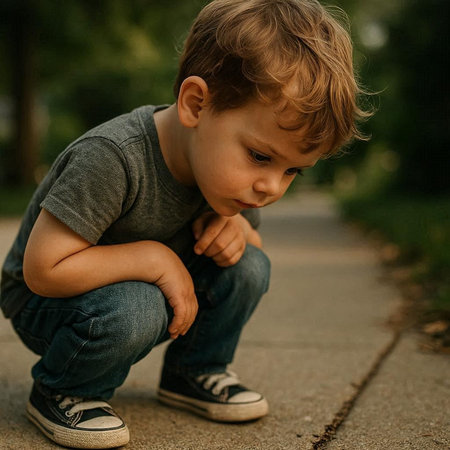 Cute little boy sitting on the road in the park and looking sadの写真素材