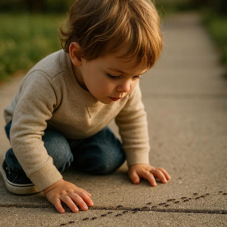 Little boy draws a heart on the pavement in the park. Concept of love and family.の写真素材