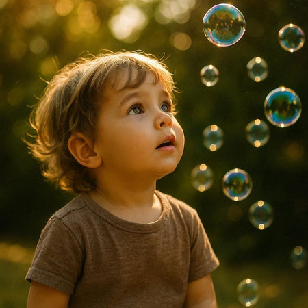 Little boy playing with soap bubbles on the background of the setting sunの写真素材