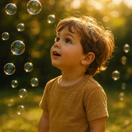 Cute little boy playing with soap bubbles in the garden at sunsetの写真素材