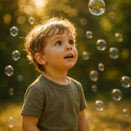 Little boy playing with soap bubbles in the park. Child having fun outdoors.