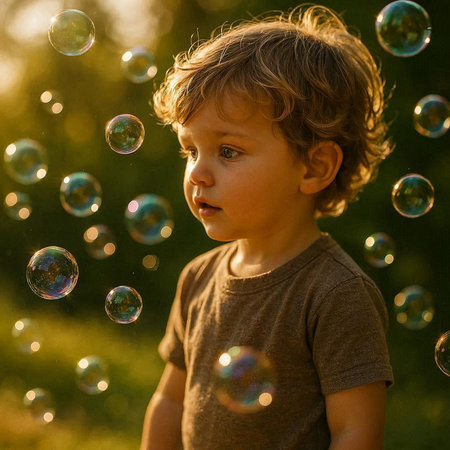 Cute little boy playing with soap bubbles in the park on sunset