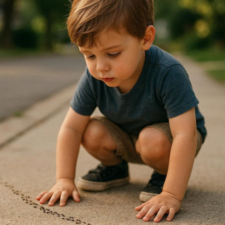 Little boy sitting on the ground in the park and looking at the cameraの写真素材